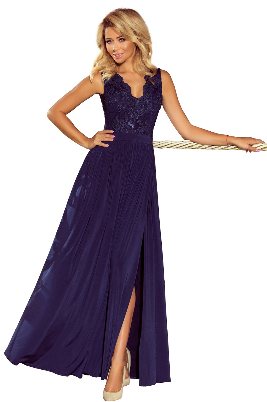 215-2 LEA langes ärmelloses Kleid mit aufgesticktem Dekolleté - dunkelblau