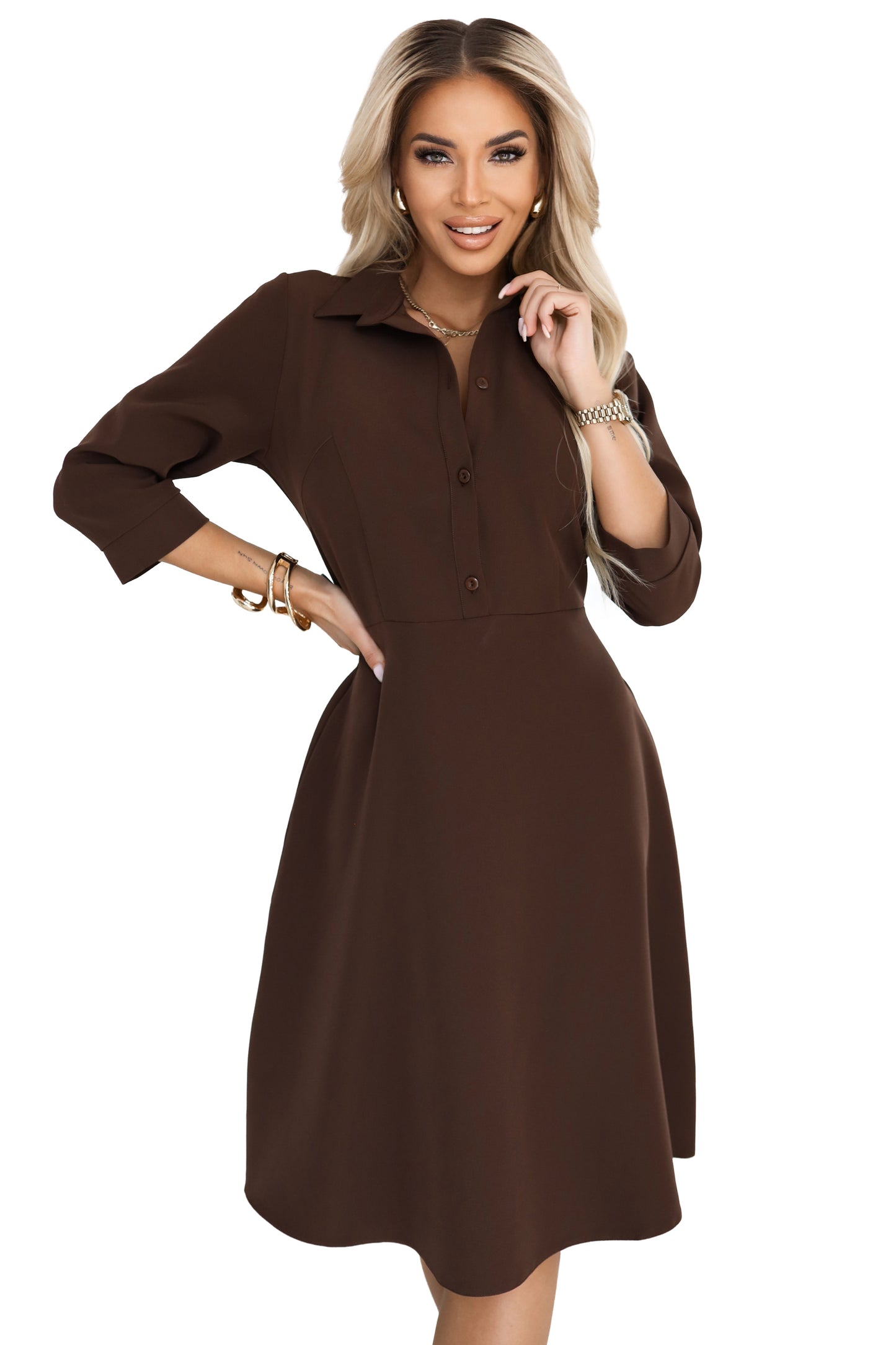 286-9 SANDY Ausgestelltes Hemdblusenkleid mit Gürtel - Schokolade