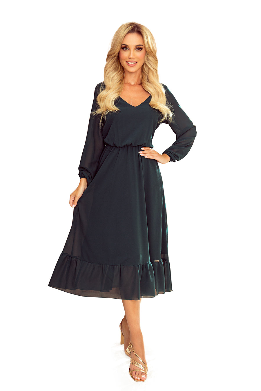 304-2 Chiffon Midikleid mit Ausschnitt und Rüschen - schmutziges Pink