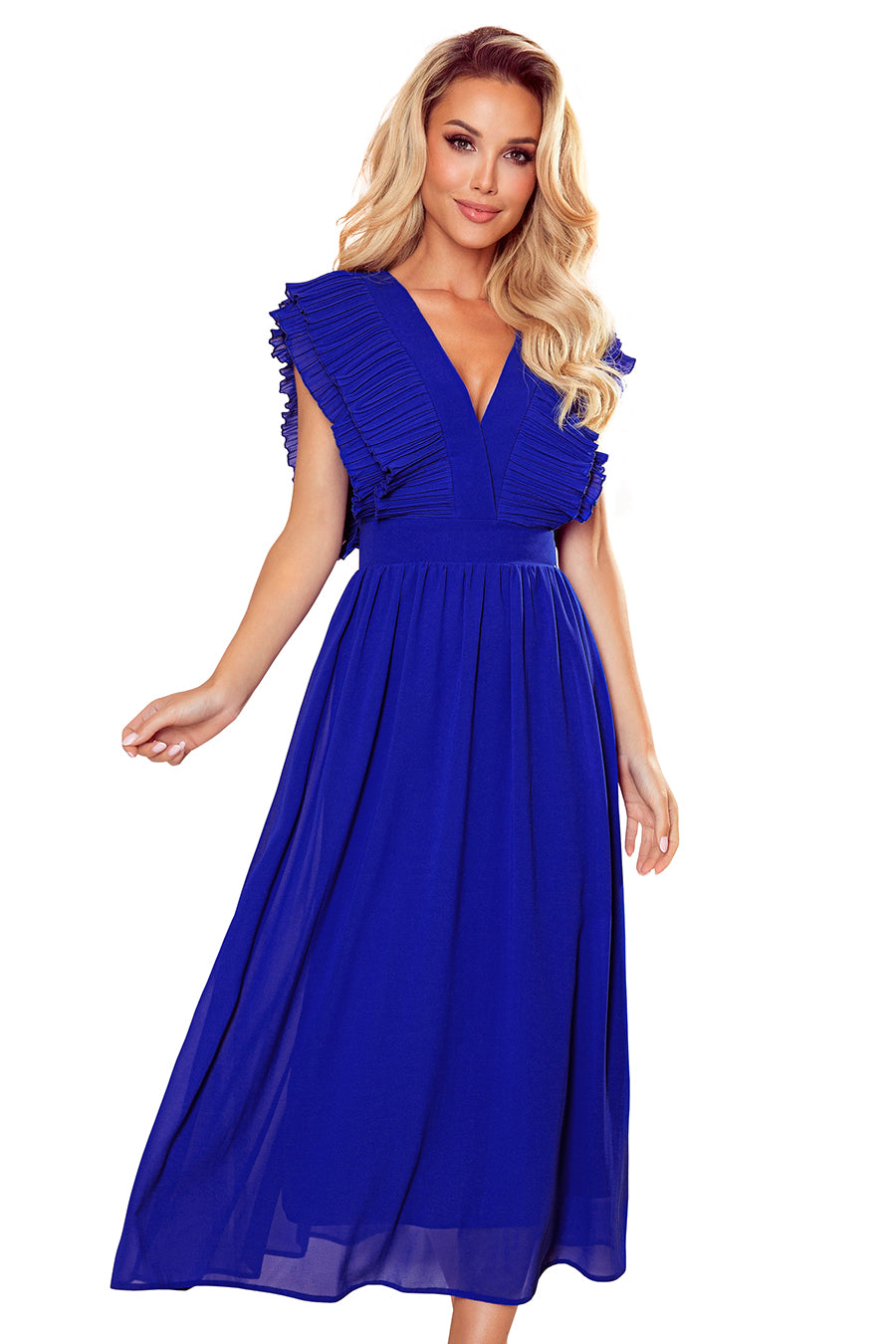 367-2 YANA Midikleid mit plissierten Rüschen und Ausschnitt - blau