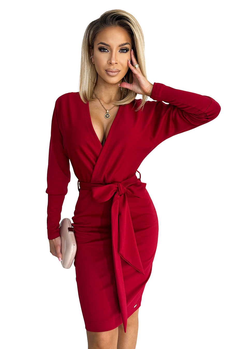 401-1 CELIA Umschlagkleid mit Ausschnitt auf dem Rücken - Burgunderrot