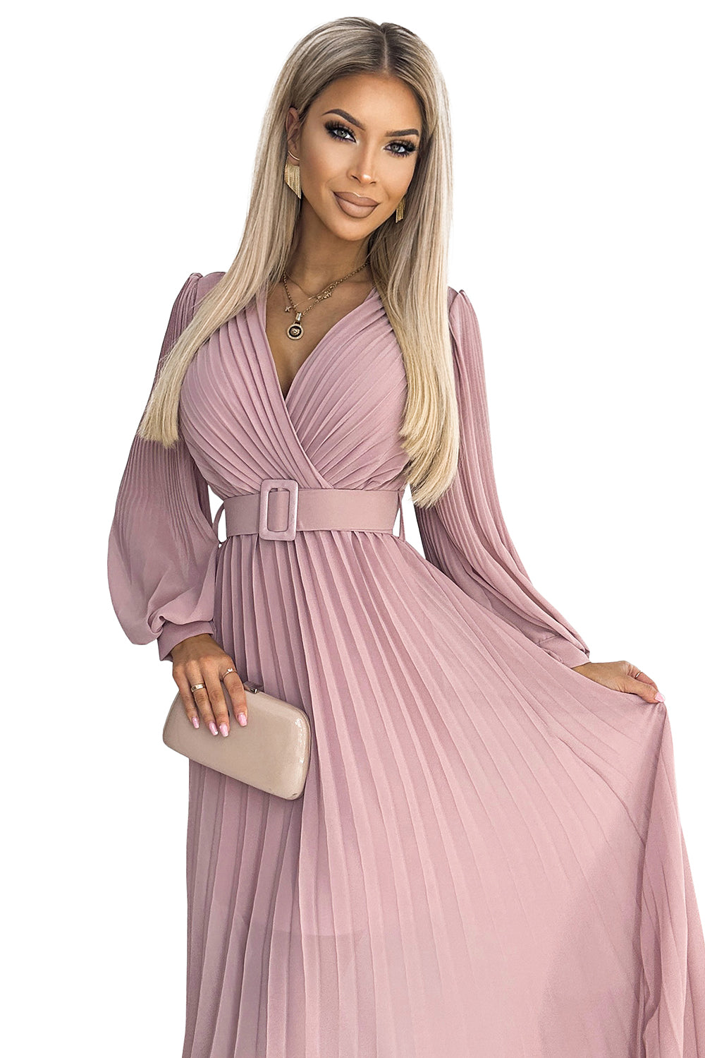 414-2 KLARA Faltenkleid mit Gürtel und Ausschnitt - puderrosa