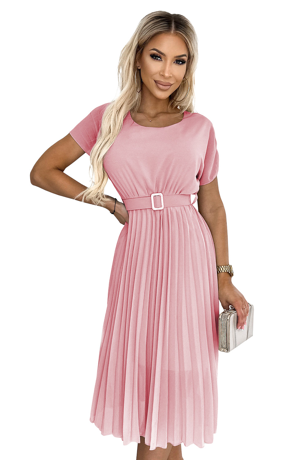 465-3 MIA Plissiertes Midikleid mit breitem Gürtel - schmutziges Rosa