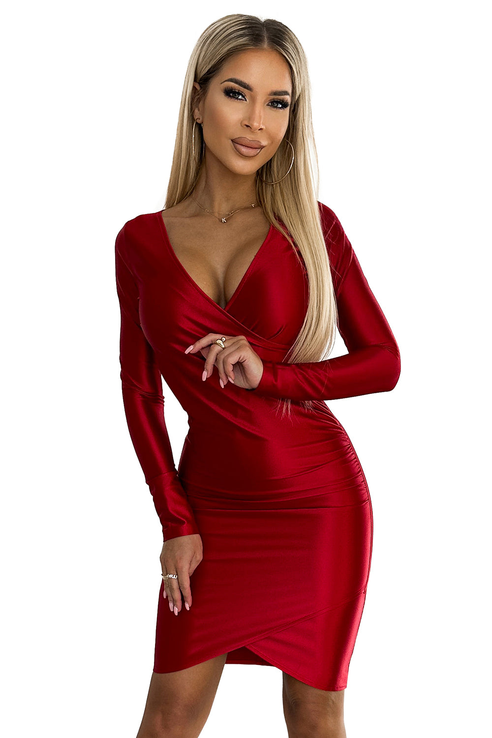 477-2 Satinkleid mit Umschlagausschnitt und langen Ärmeln - Rot