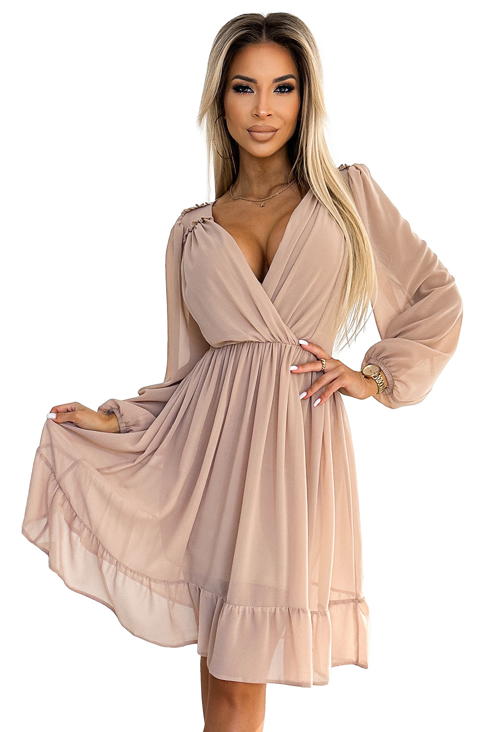 538-1 MILA Chiffon-Midikleid mit langen Ärmeln und Ausschnitt – beige Farbe