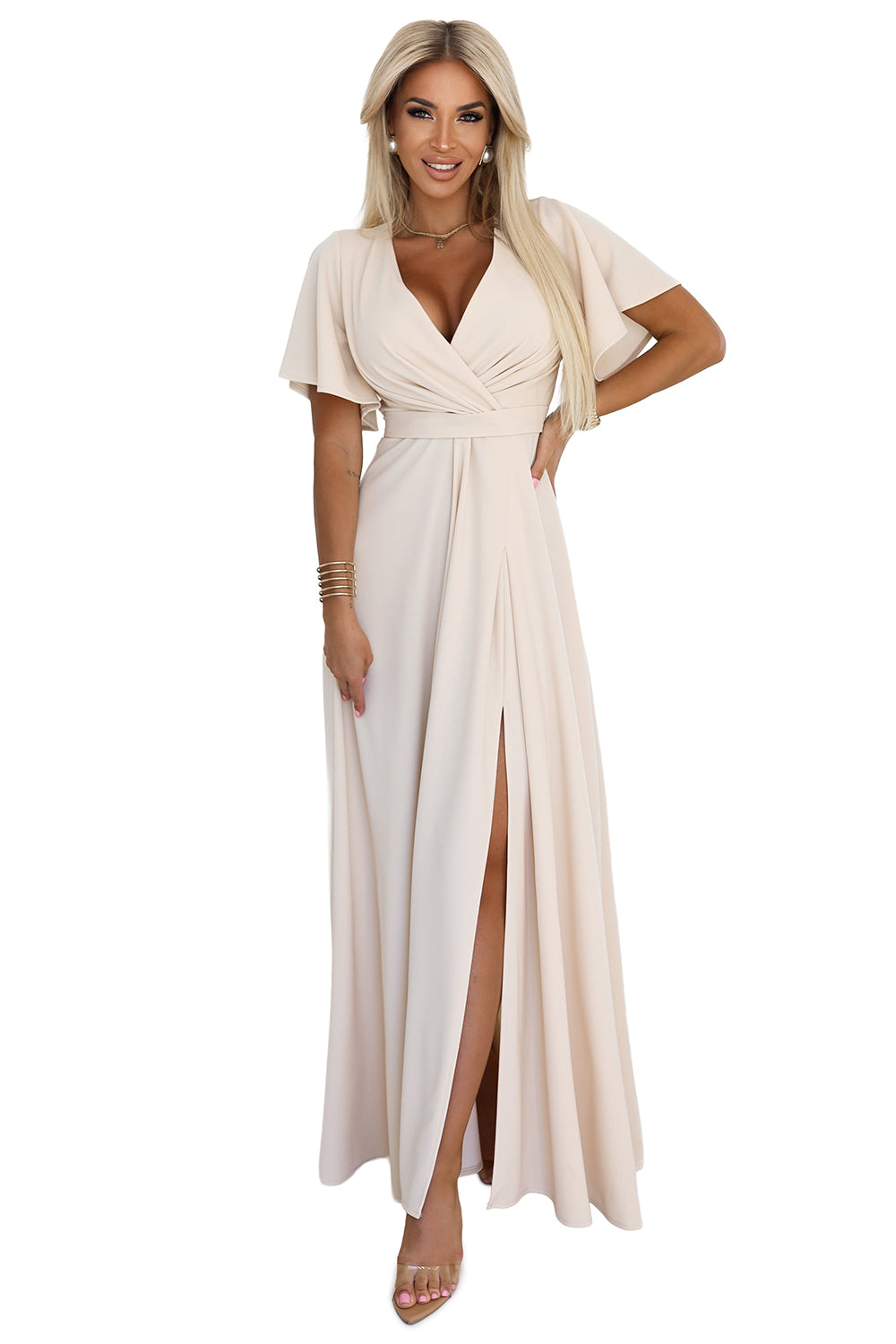 581-6 JENNIFER langes Kleid mit Beinschlitz, Ärmeln und Ausschnitt - beige