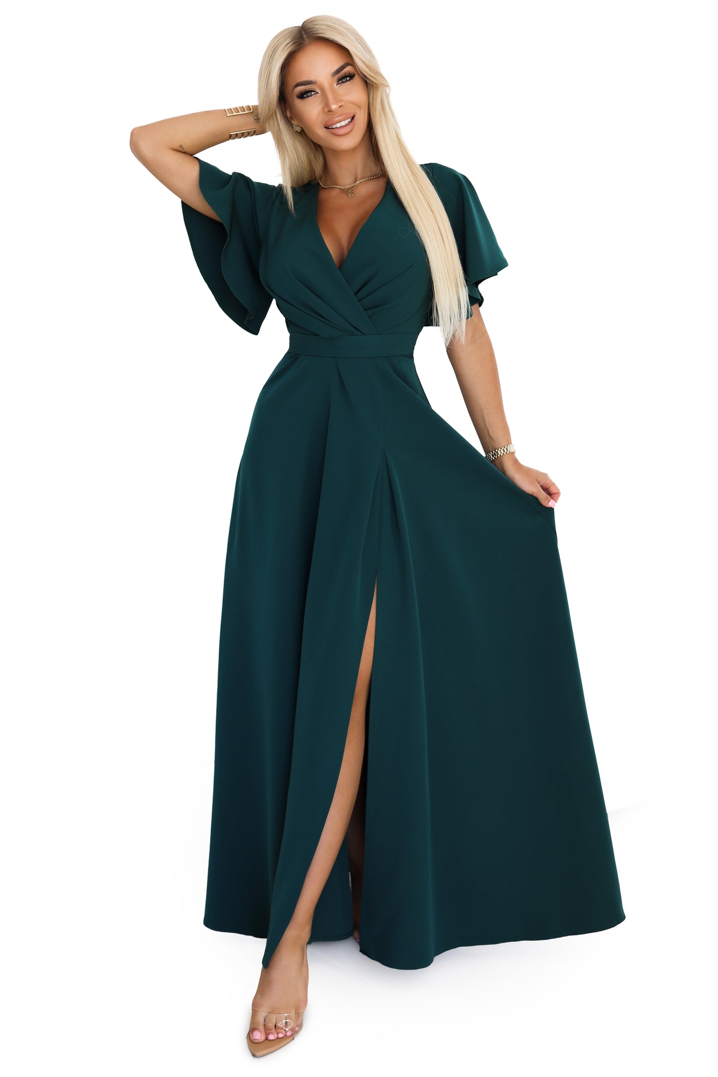 581-8 JENNIFER langes Kleid mit Beinschlitz, Ärmeln und Ausschnitt - flaschengrün