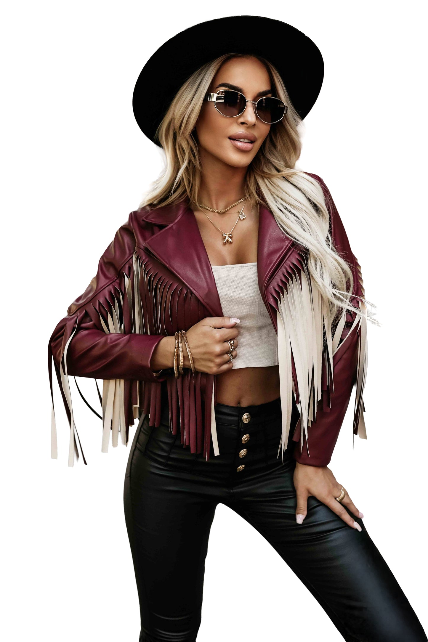624-2 Kurze Jacke mit Fransen aus weichem Öko-Leder - burgund