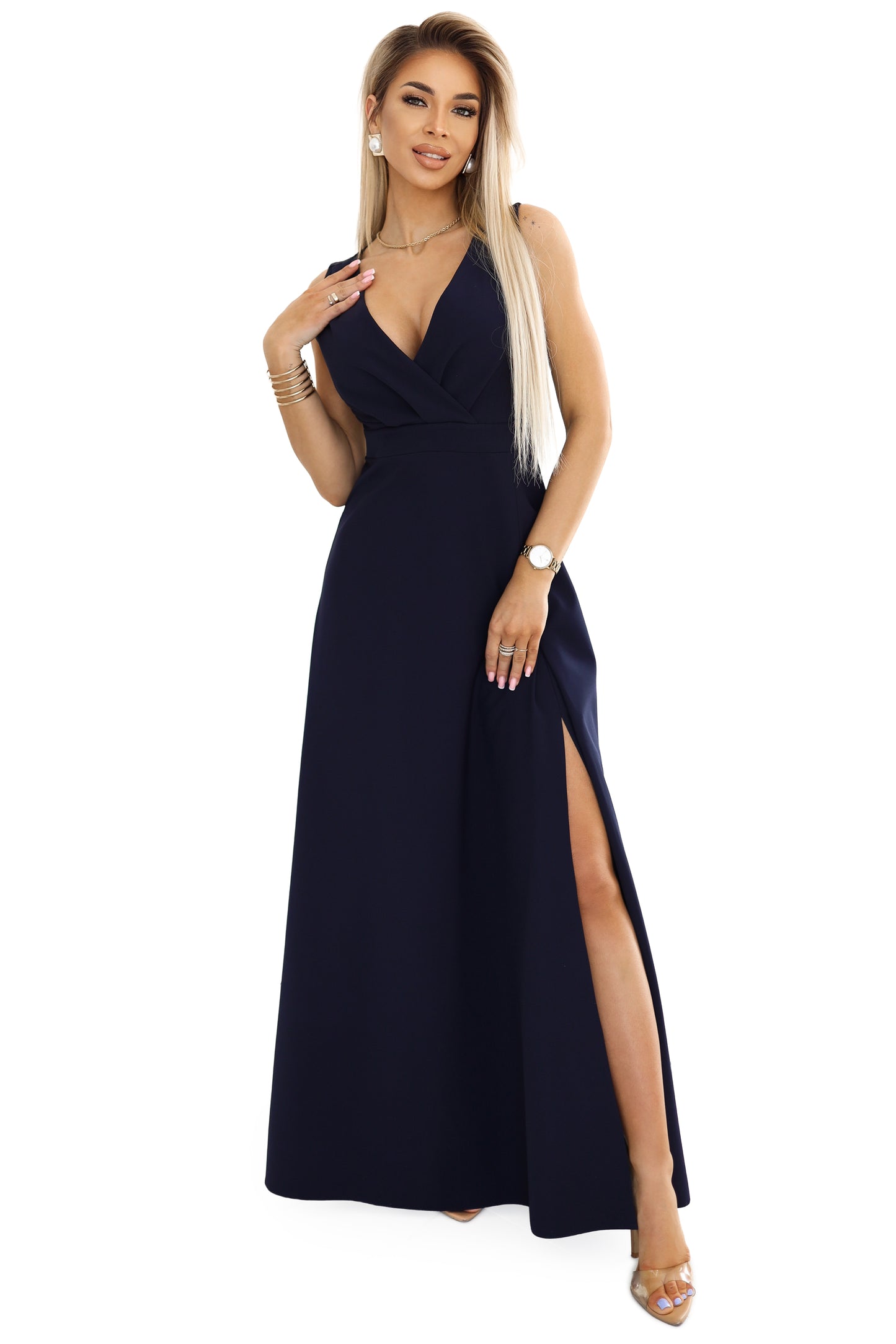 MIRA elegantes Maxikleid mit Wickelausschnitt und Schlitz am Bein - Marineblau 634-1