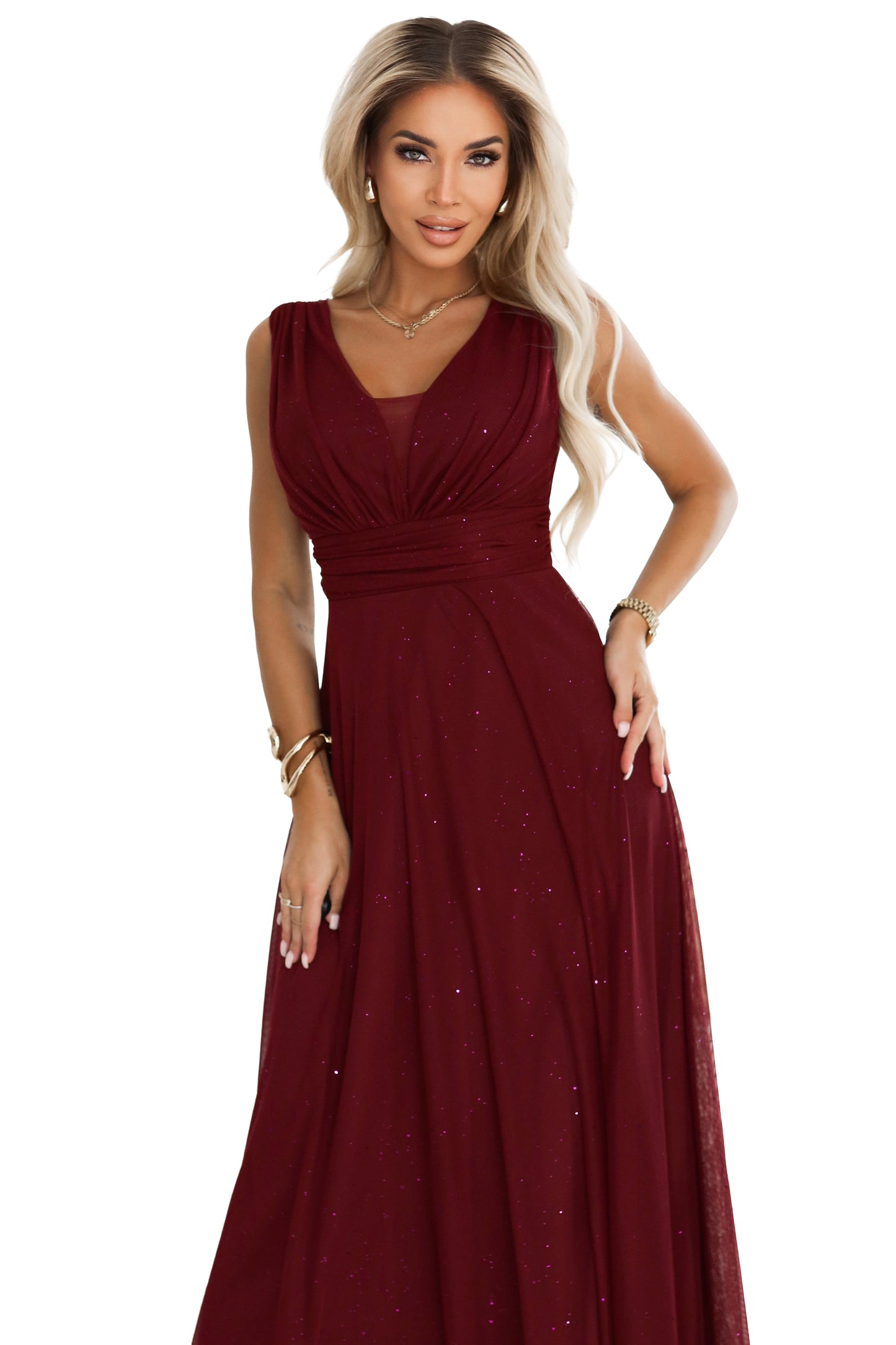 Langes Abendkleid mit Brokat-Akzent und tiefem Ausschnitt - Burgunderrot 637-1