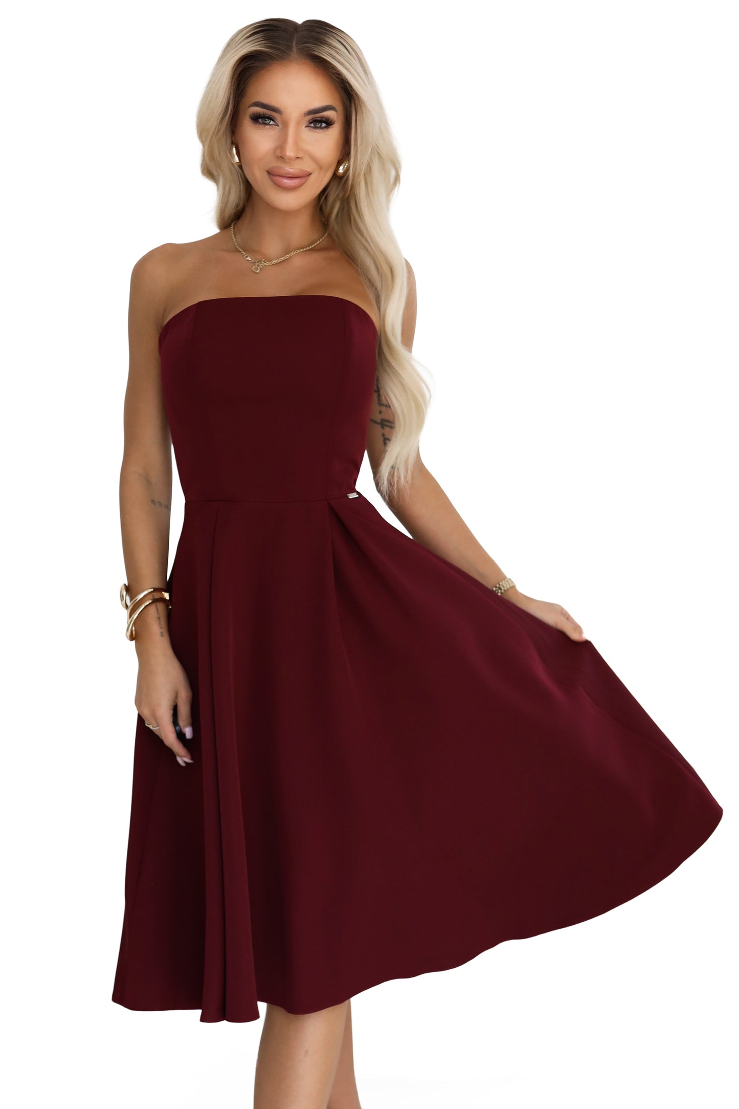 641-1 VIVIENNE Korsett-Midikleid mit ausgestelltem Saum für besondere Anlässe - bordeauxrot