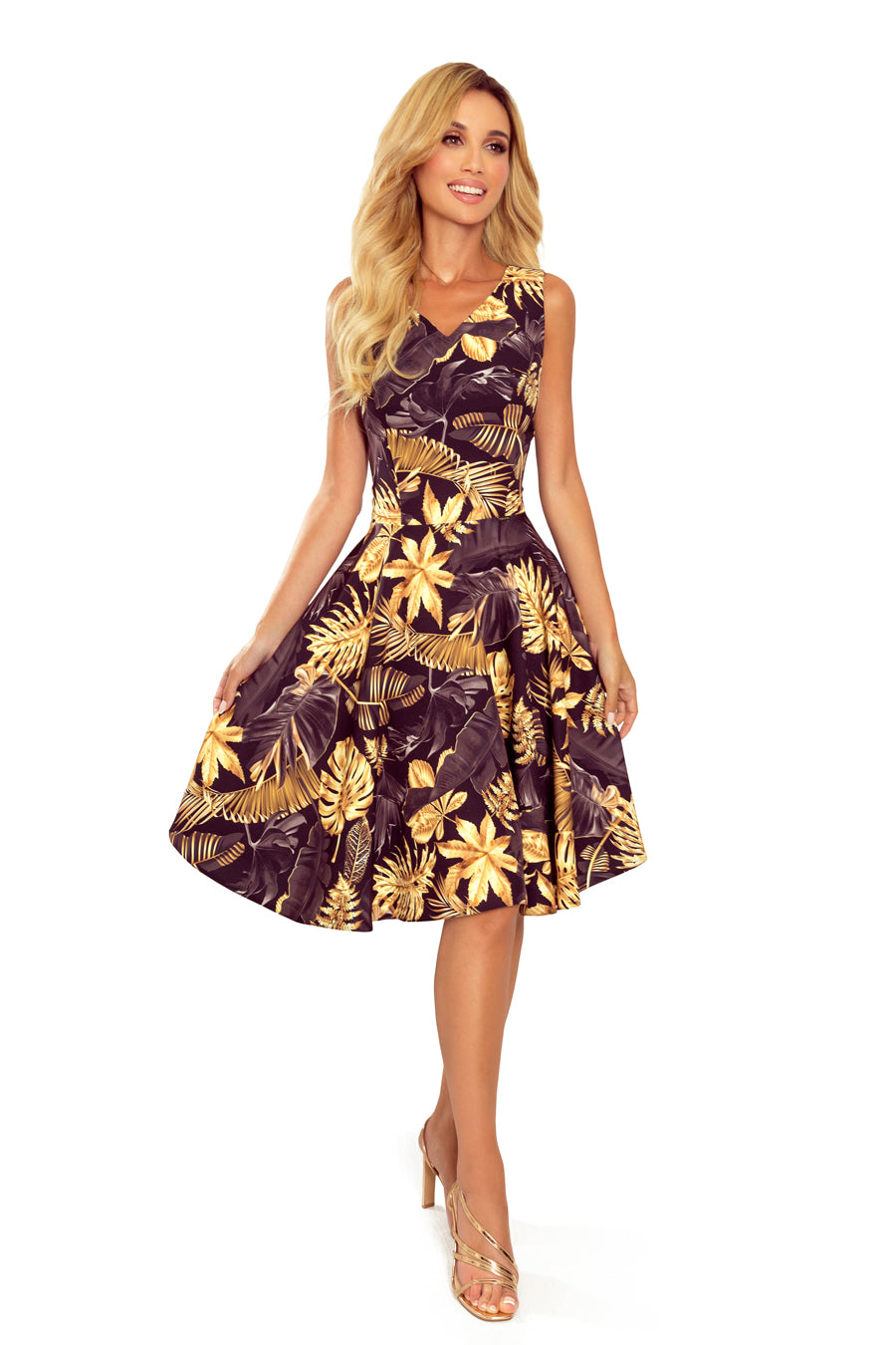 114-13 Ausgestelltes Kleid - herzförmiger Ausschnitt - Goldene Blätter