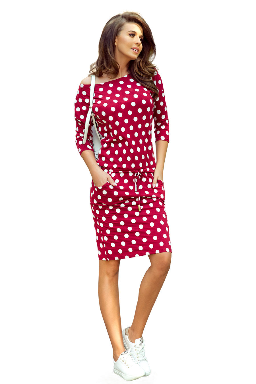 13-111 Sportkleid mit Bindung und Taschen - Burgund + Tupfen