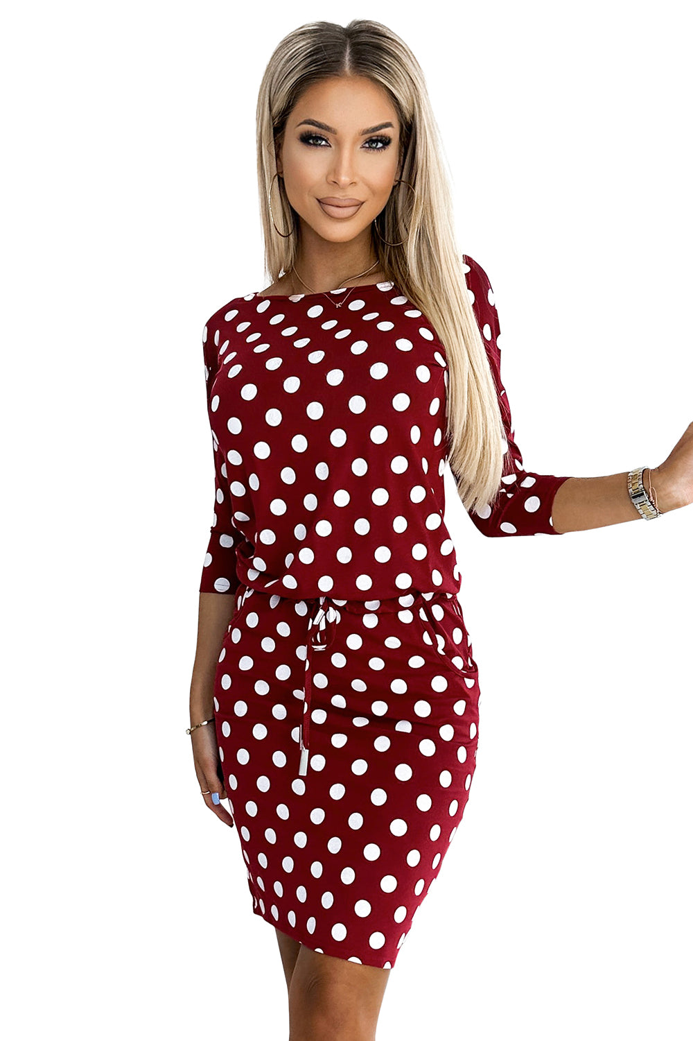 13-156 Sportkleid mit Bindung und Taschen - Burgund + Tupfen