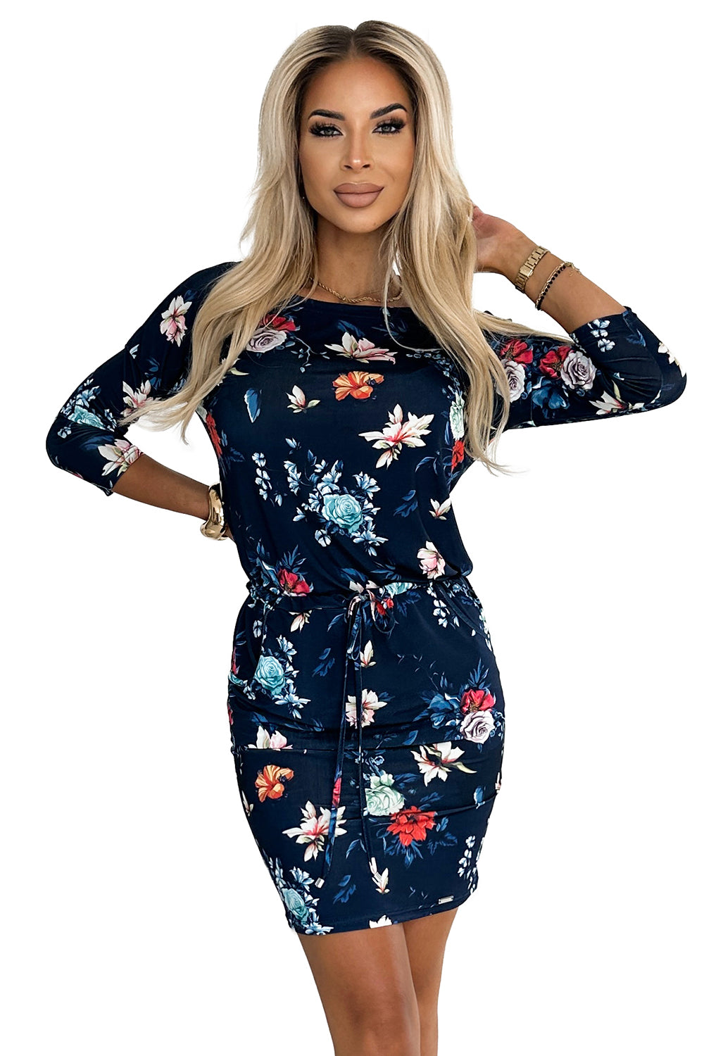 13-160 Sportliches Kleid - bunte Blumen auf einem dunkelblauen Hintergrund