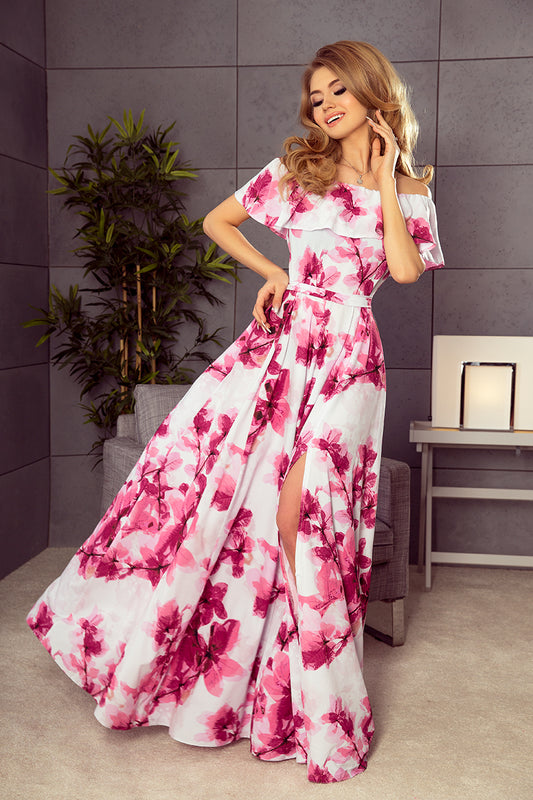 194-2 Langes Kleid mit Rüschen - große rosa Blumen