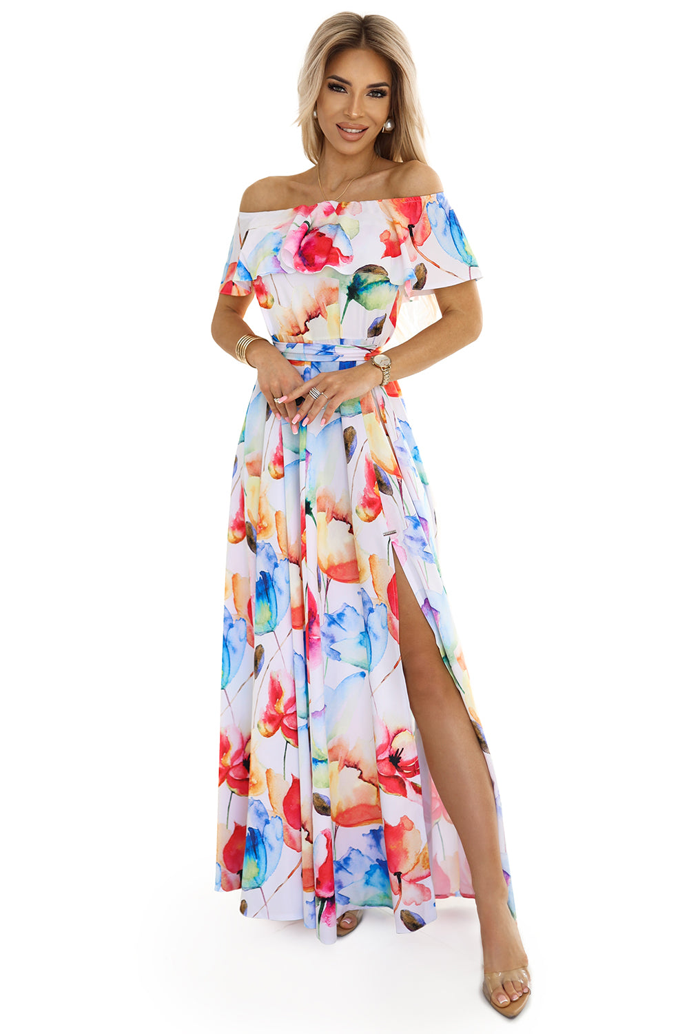 194-5 Langes Sommerkleid mit Gürtel - buntes Blumenmuster ?