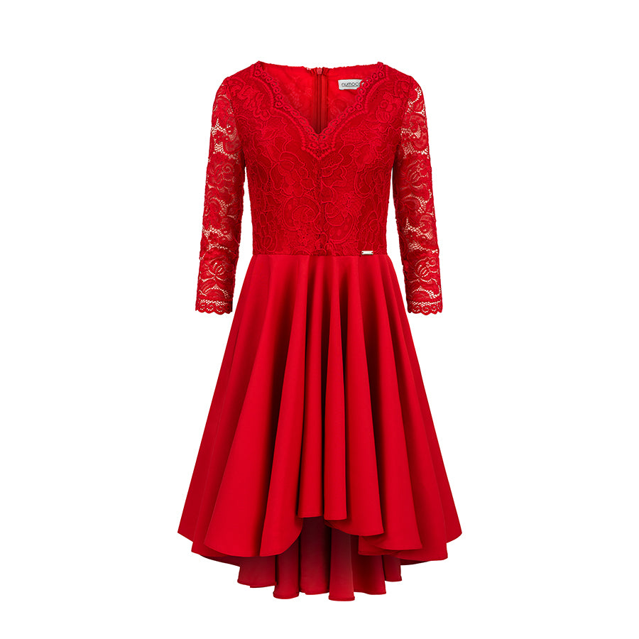 210-6 NICOLLE - Kleid mit längerem Rücken mit Spitzenausschnitt - Rot