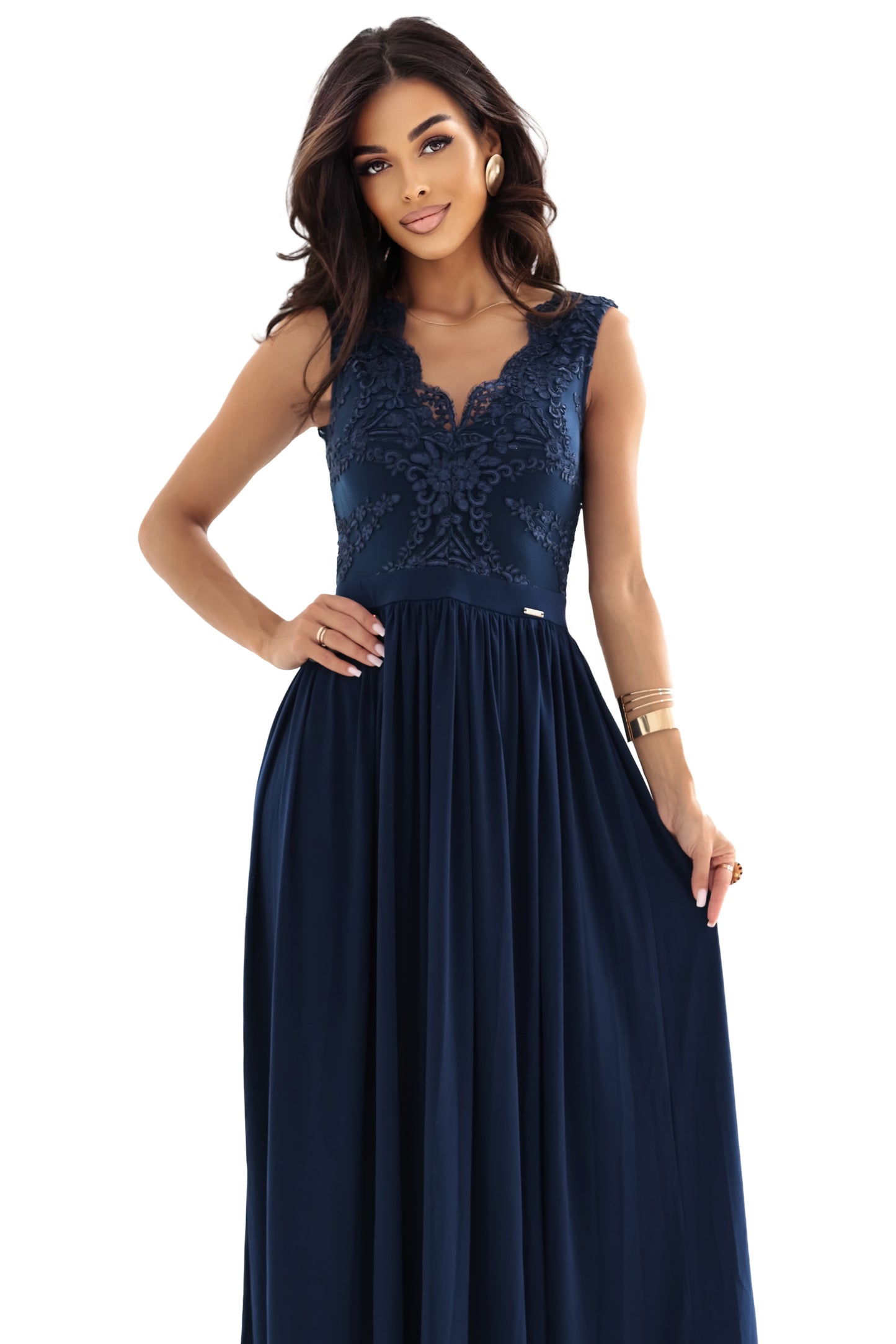 215-6 LEA langes elegantes Maxikleid mit Spitzenoberteil und Schlitz am Bein - Marineblau