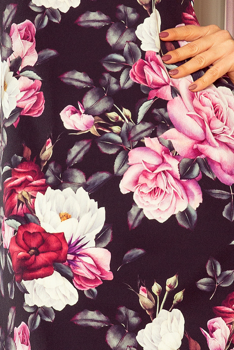 217-5 NEVA Trapezförmiges Kleid mit ausgestellten Ärmeln - schwarz + blumen