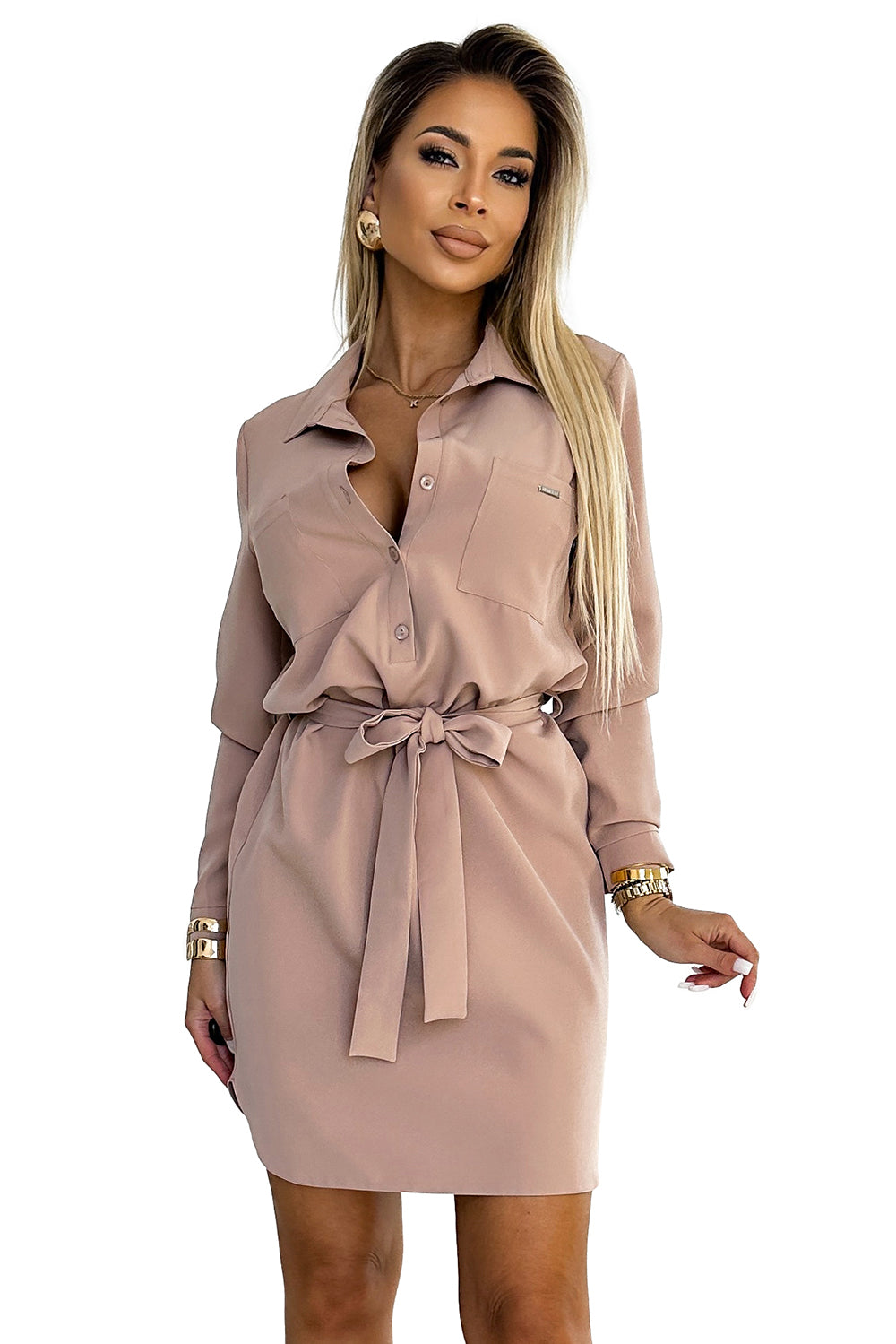 284-2 CAMILLE Hemdkleid mit Taschen - Beige