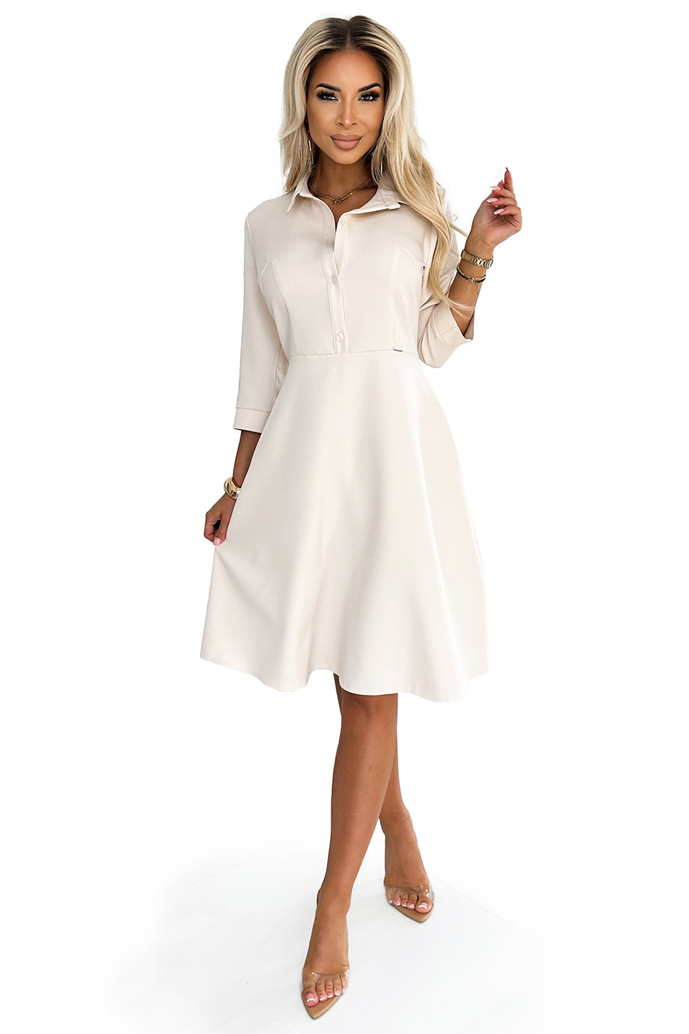 286-7 SANDY Ausgestelltes Hemdblusenkleid mit Gürtel - beige