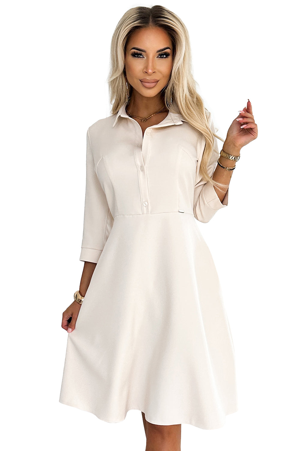 286-7 SANDY Ausgestelltes Hemdblusenkleid mit Gürtel - beige