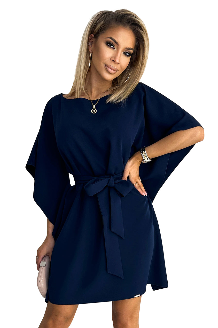 287-24 SOFIA Schmetterlingskleid mit Bindeband in der Taille - Dunkelblau