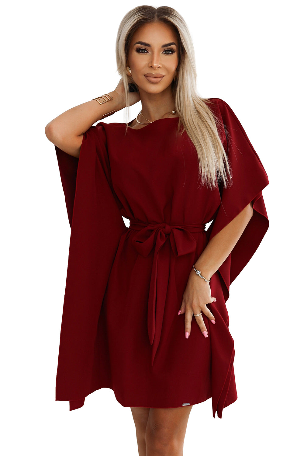 287-34 SOFIA Schmetterlingskleid mit Bindeband in der Taille - weinrote Farbe