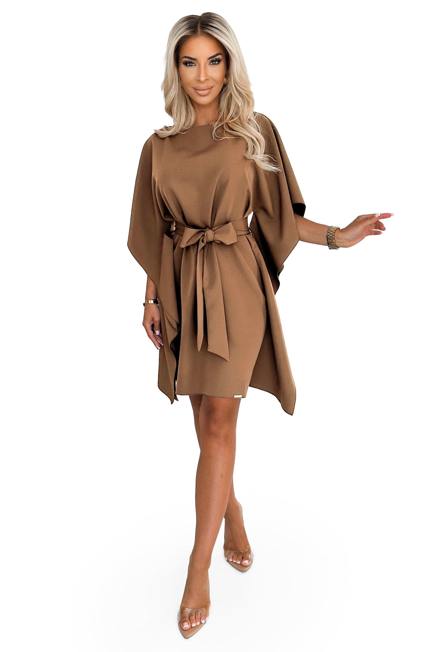 287-39 SOFIA Schmetterlingskleid mit Taillengürtel - Cappuccino