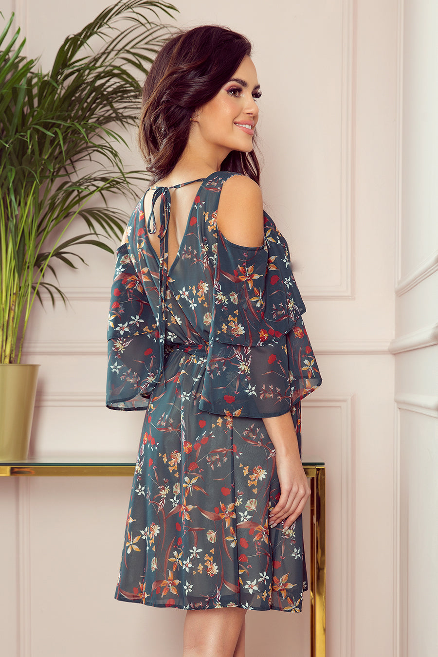 292-2 MARINA Kleid mit Ausschnitt - grün mit Blumen