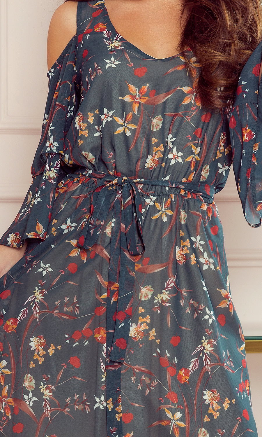 292-2 MARINA Kleid mit Ausschnitt - grün mit Blumen