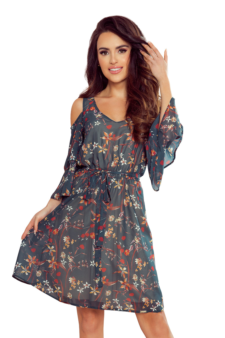 292-2 MARINA Kleid mit Ausschnitt - grün mit Blumen