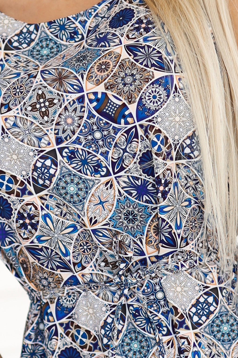 296-13 VICTORIA Trapez-Boho-Kleid mit mediterranem Print - Blau