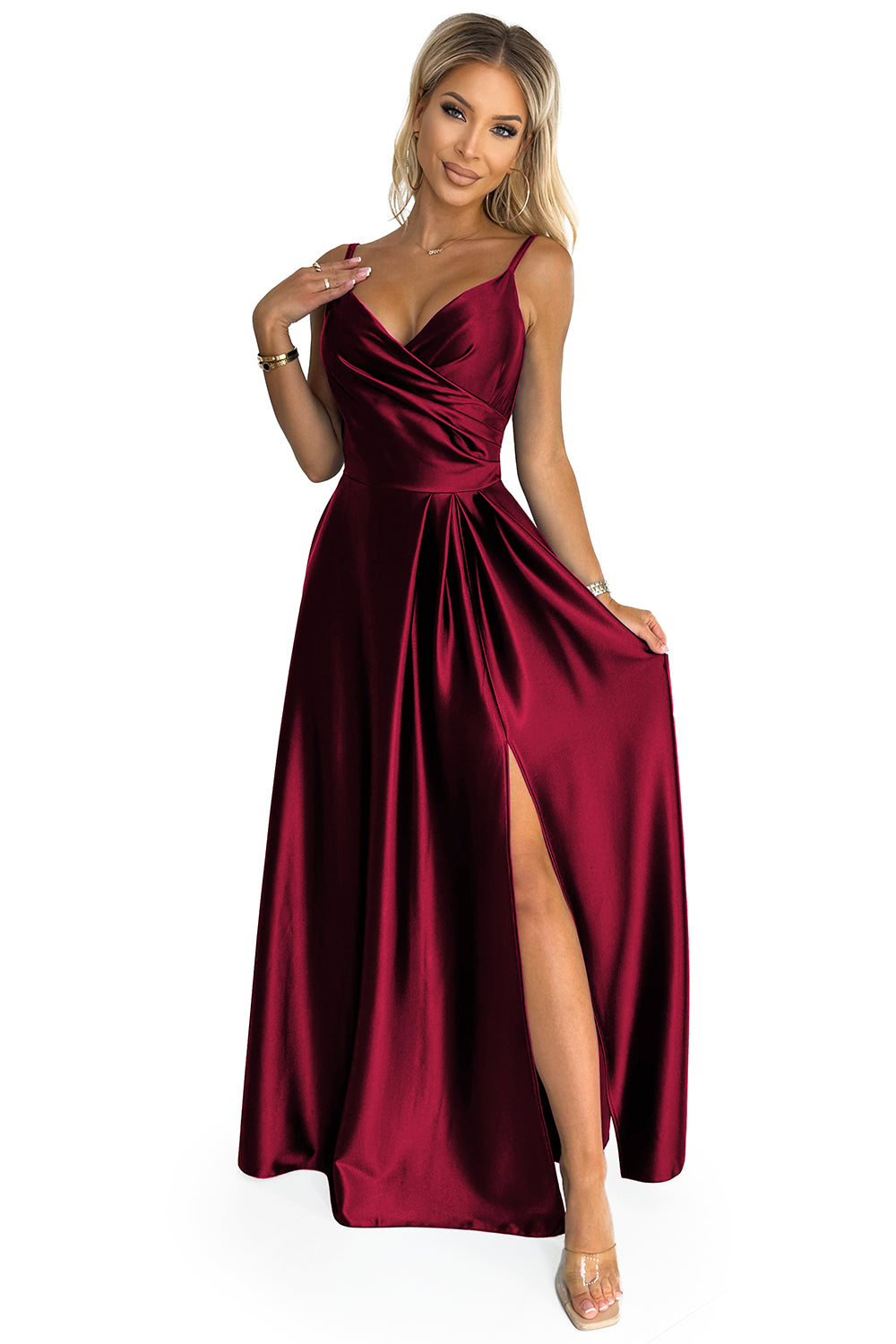 299-13 CHIARA elegantes Maxikleid aus Satin mit Trägern - weinrote Farbe
