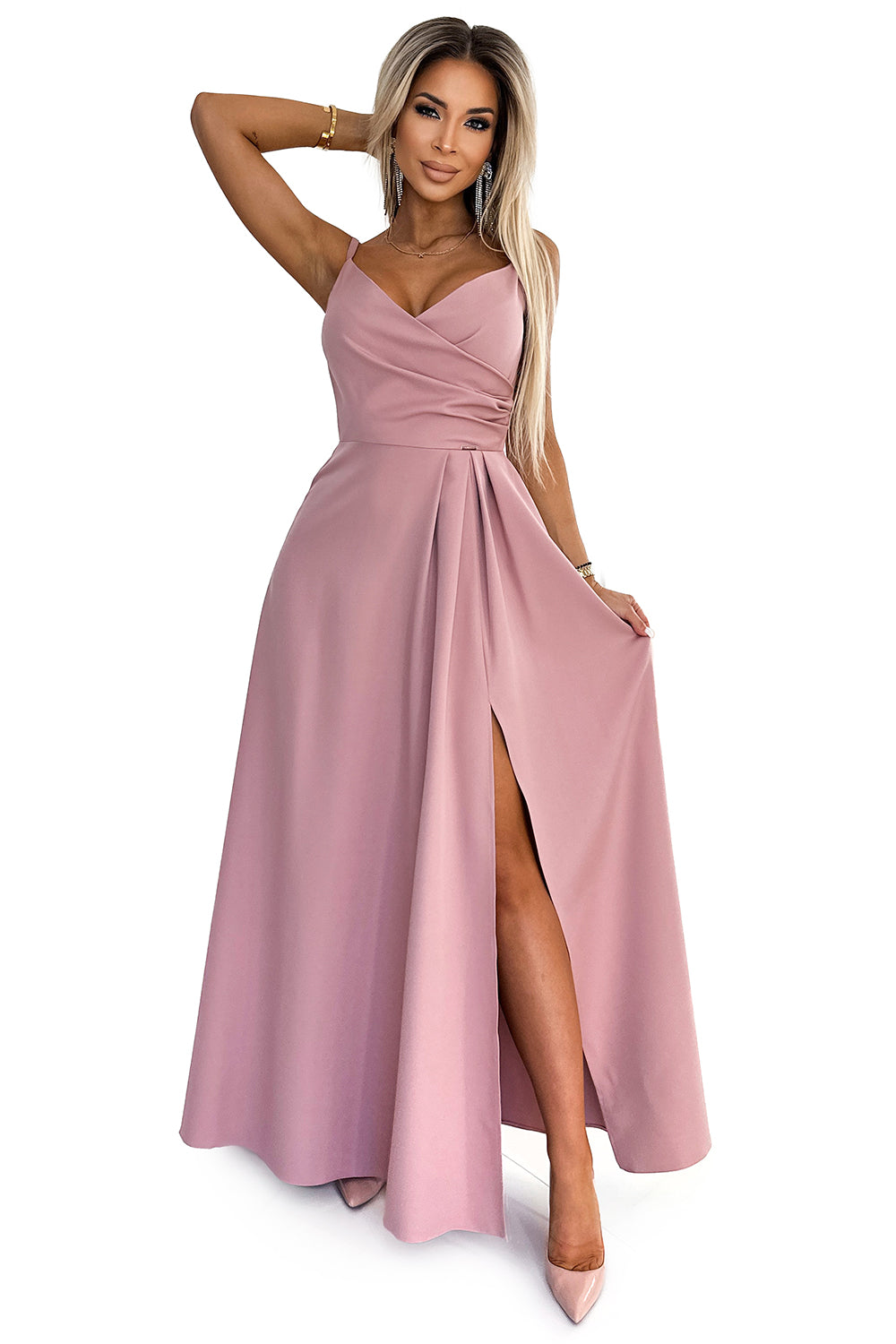 299-16 CHIARA elegantes Maxikleid mit Trägern - schmutzig rosa