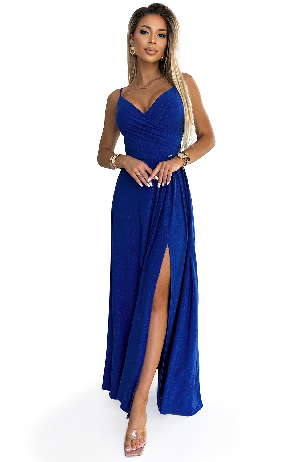 299-17 CHIARA elegantes Maxikleid mit Trägern - blau mit Glitzer