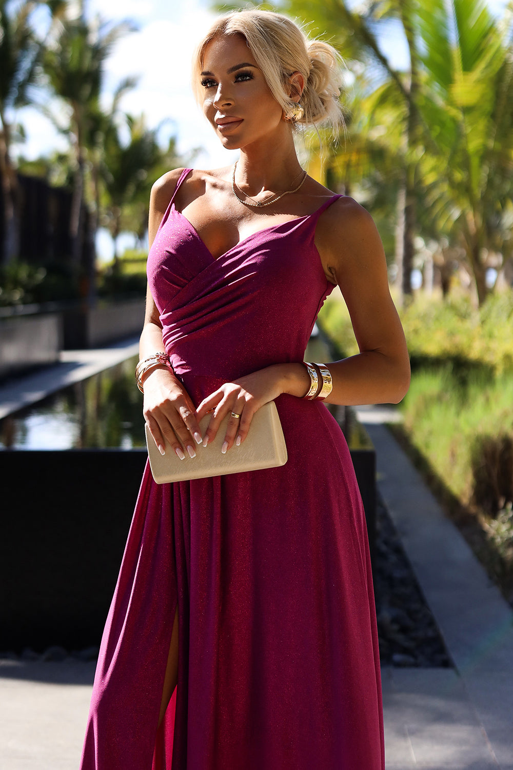 299-19 CHIARA elegantes langes Maxikleid mit Trägern – Fuchsia mit Glitzer
