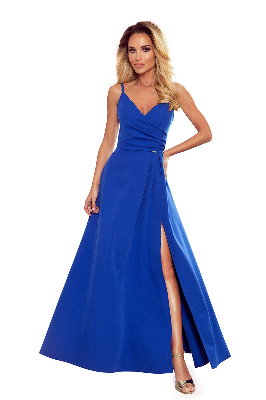 299-3 CHIARA elegantes Maxikleid mit Trägern - blau