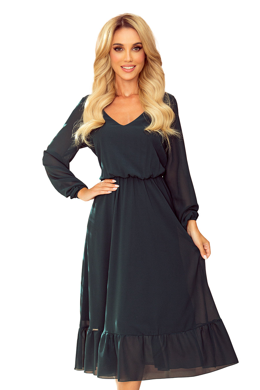 304-2 Chiffon Midikleid mit Ausschnitt und Rüschen - schmutziges Pink