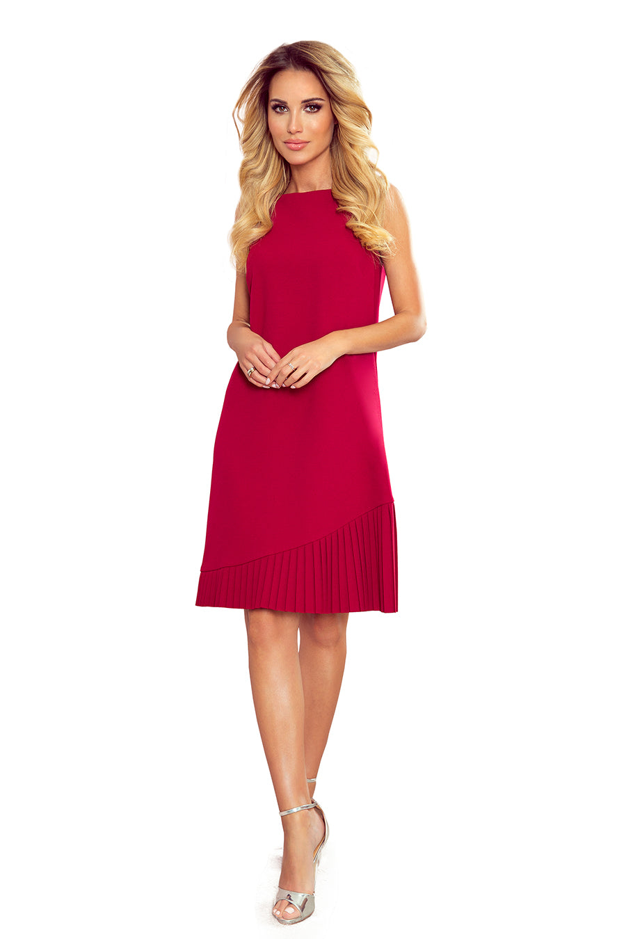 308-2 KARINE - trapezförmiges Kleid mit asymmetrischer Falte - rot