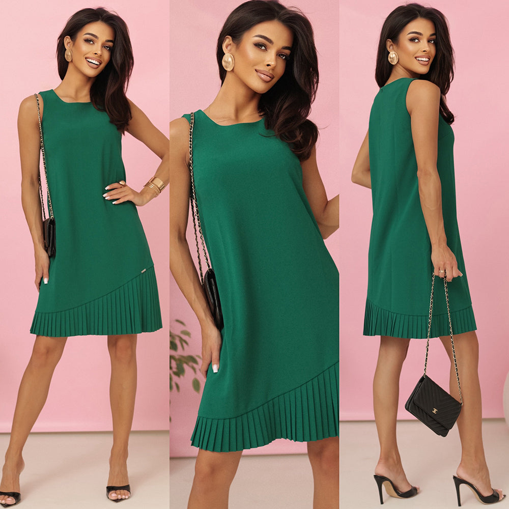 308-4 KARINE - trapezförmiges Kleid mit asymmetrischer Falte - grün