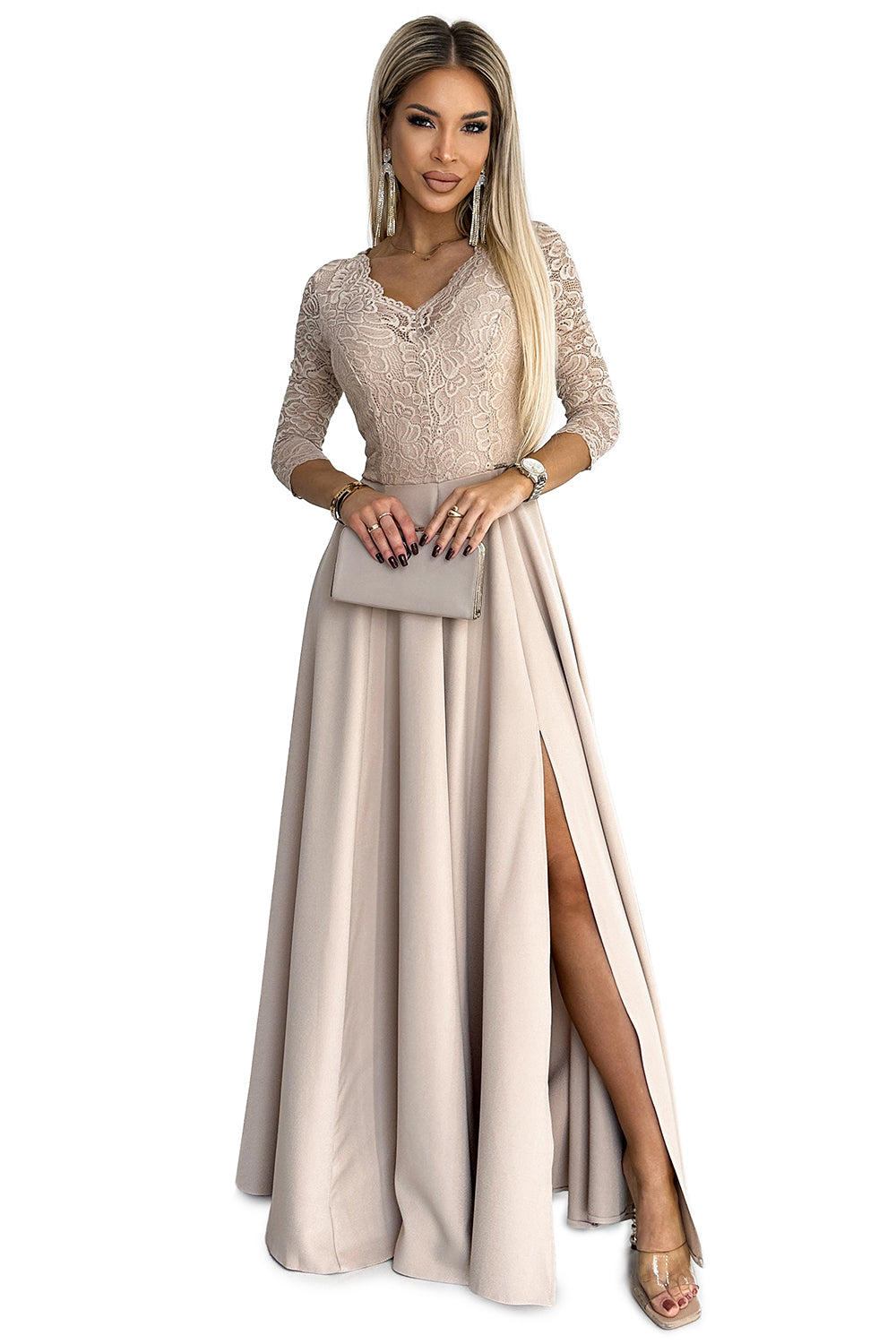 309-10 AMBER Spitze, elegantes langes Kleid mit Ausschnitt und Beinschlitz - Beige
