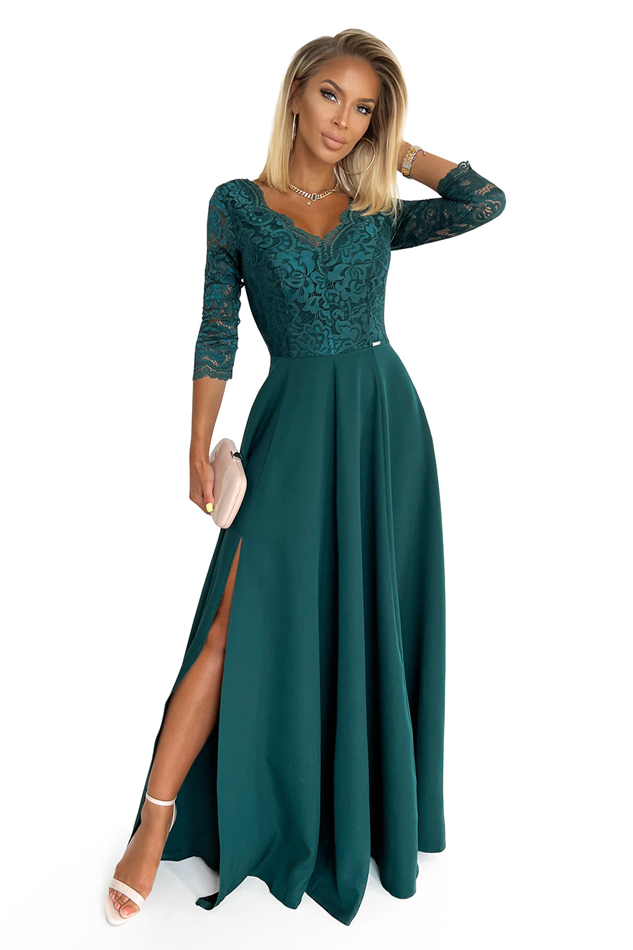 309-5 AMBER elegantes langes Spitzenkleid mit Ausschnitt - grün