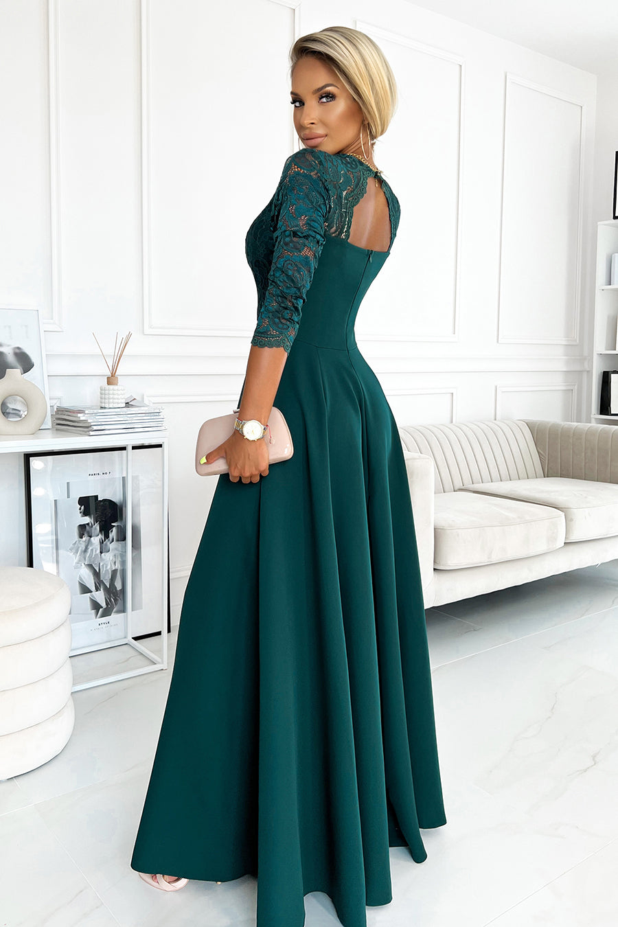 309-5 AMBER elegantes langes Spitzenkleid mit Ausschnitt - grün