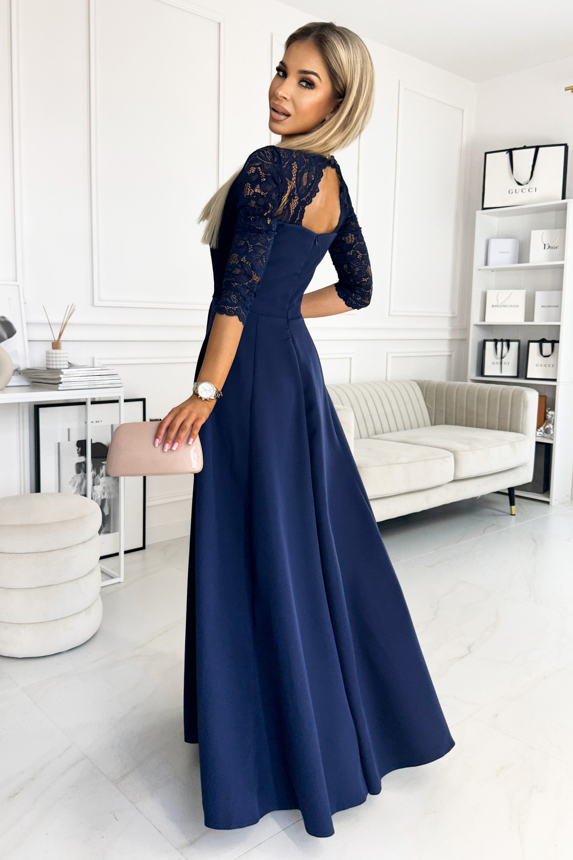 309-6 AMBER elegantes langes Spitzenkleid mit Ausschnitt - Dunkelblau
