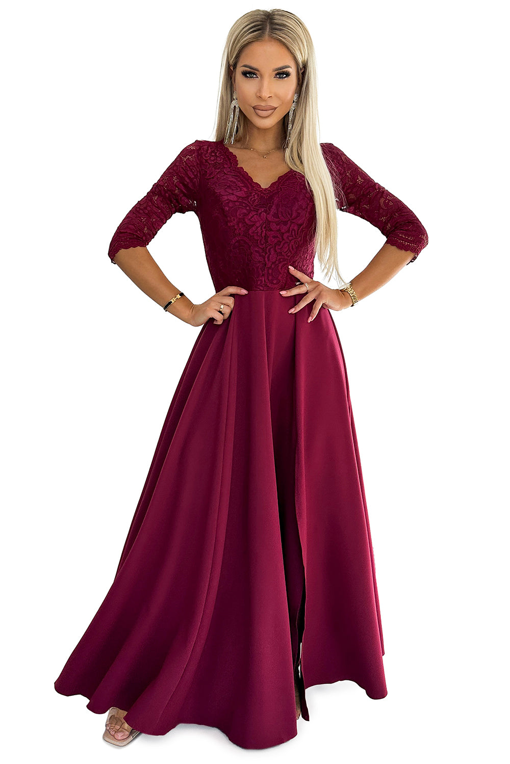 309-9 AMBER elegantes langes Maxikleid mit Spitzenausschnitt - Burgunderrot