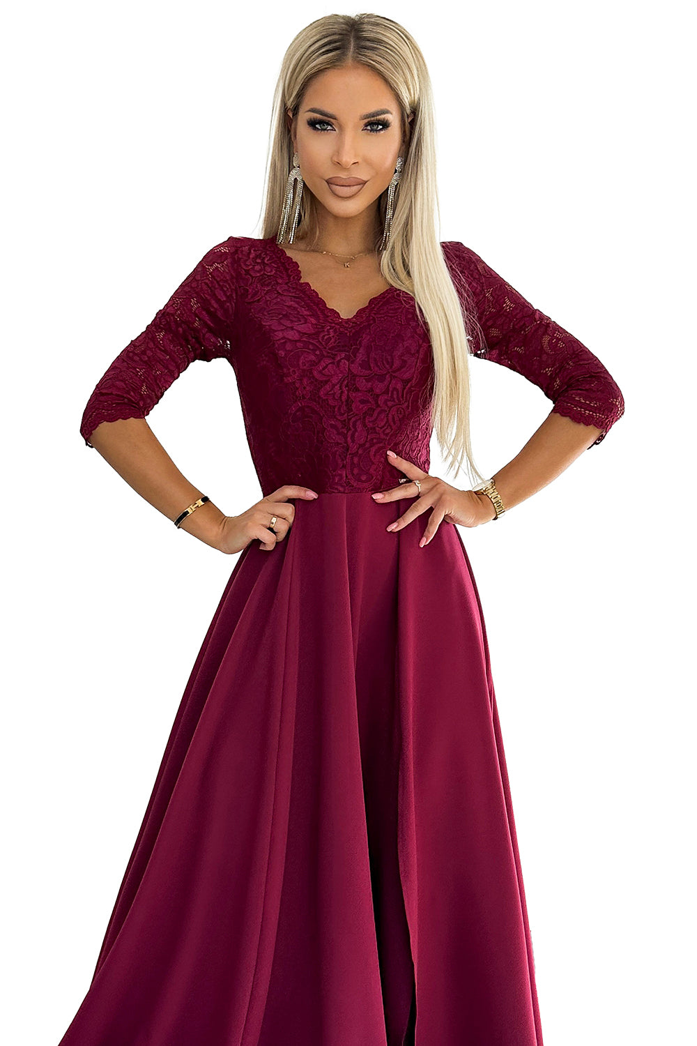 309-9 AMBER elegantes langes Maxikleid mit Spitzenausschnitt - Burgunderrot