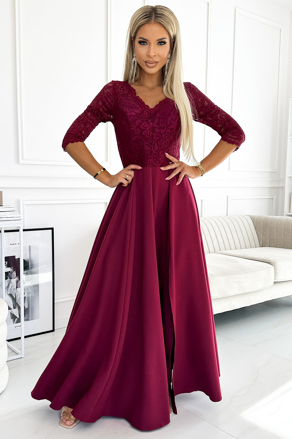 309-9 AMBER elegantes langes Maxikleid mit Spitzenausschnitt - Burgunderrot