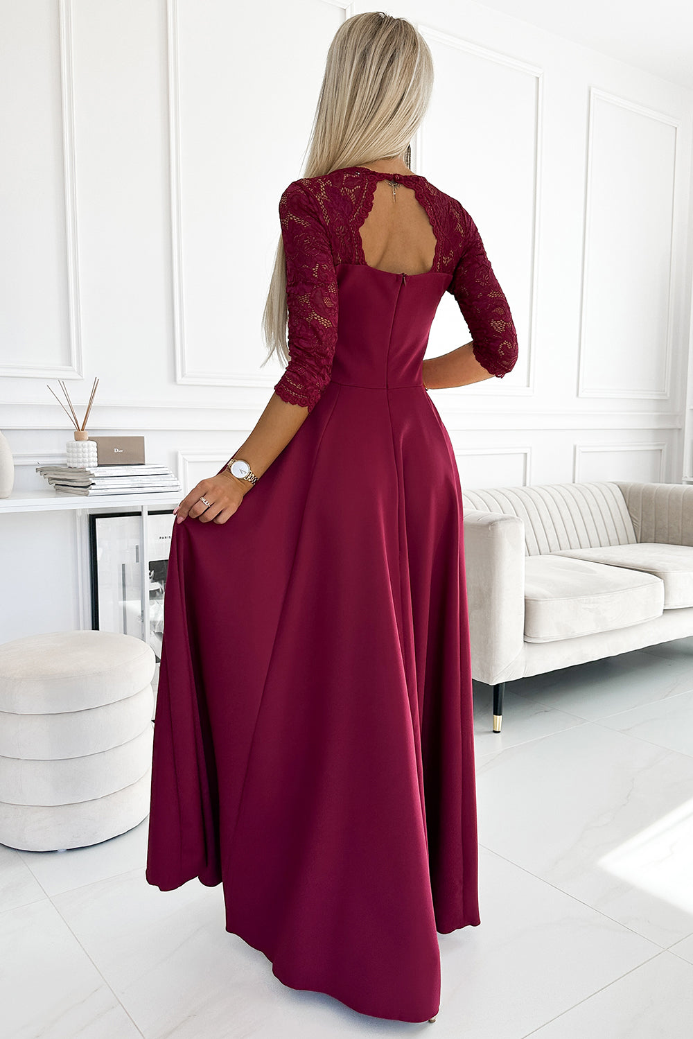 309-9 AMBER elegantes langes Maxikleid mit Spitzenausschnitt - Burgunderrot